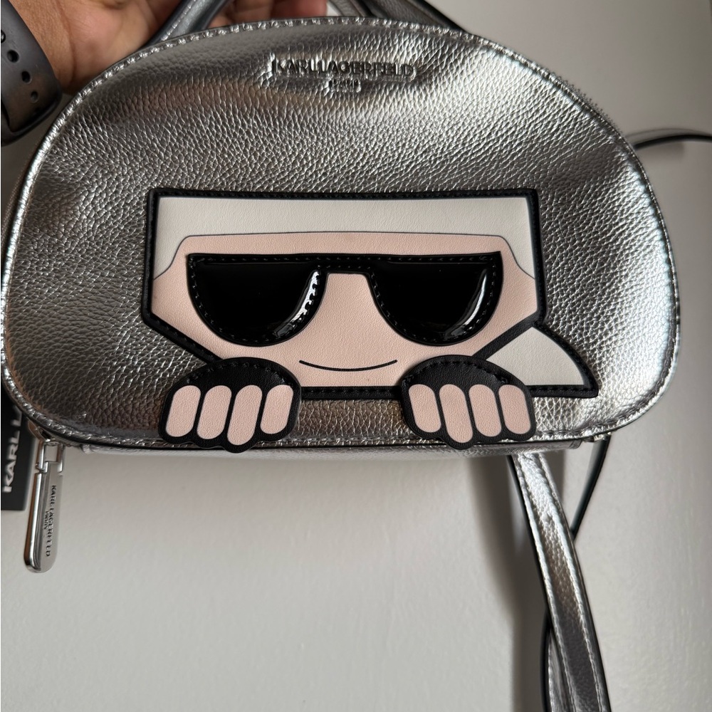 Karl Lagerfeld Metallic Silver Crossbody with Character Design